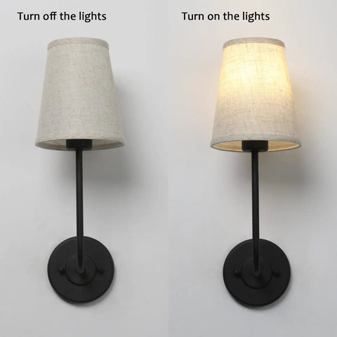 Rustic Vintage Wall Sconce Set Of 2 With Flared Funnel Linen Shade Matte Black Bedside Lamps for cozy indoor lighting