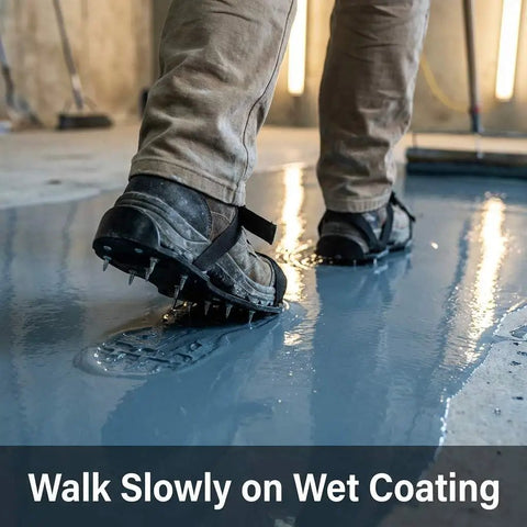 Person wearing Epoxy Floor Spiked Shoes With 1 Inch Spikes, 4 Pairs For Coating, Overlay And Resin Application, walking on wet floor