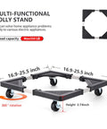 Adjustable Mini Fridge Stand With Four Locking Wheels And Heavy Duty Dolly Base For Appliances Holding Up To Three Hundred Fifty Pounds, measurements shown.
