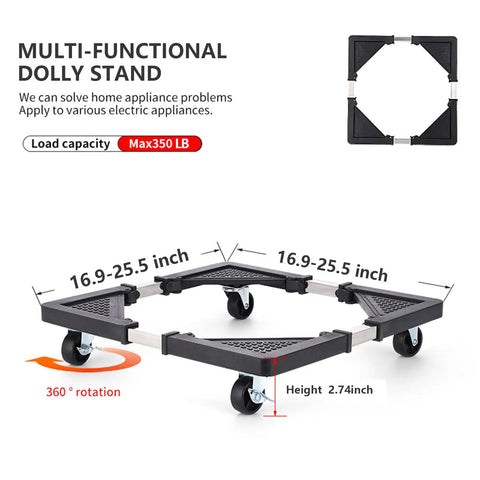 Adjustable Mini Fridge Stand With Four Locking Wheels And Heavy Duty Dolly Base For Appliances Holding Up To Three Hundred Fifty Pounds, measurements shown.
