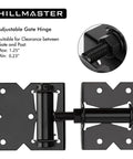 Two Pack Self Closing Gate Hinges For Wood And Vinyl Fences Heavy Duty Gate Closers with 22 Screws Swing Adjuster Tool 90 Degree Tension Black Finish Easy Install Gate Hardware Kit. Display of one hinge showing adjustable clearance in black powder coating.
