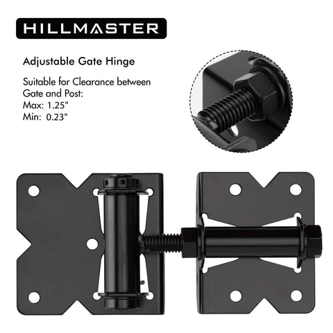 Two Pack Self Closing Gate Hinges For Wood And Vinyl Fences Heavy Duty Gate Closers with 22 Screws Swing Adjuster Tool 90 Degree Tension Black Finish Easy Install Gate Hardware Kit. Display of one hinge showing adjustable clearance in black powder coating.