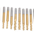 10-piece Ti-plated 3-flute end mills with round shanks for CNC engraving and milling wood/plastic