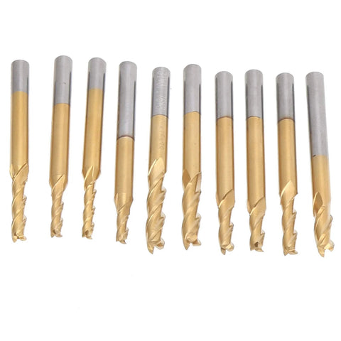 10-piece Ti-plated 3-flute end mills with round shanks for CNC engraving and milling wood/plastic