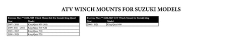 ATV Winch Mounts for Suzuki Models chart with King Quad 450 500 700 750 models listed for different years.