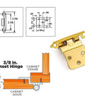 Self Closing Three Eighths Inch Brass Cabinet Hinges For Kitchen Cabinets And Bathroom Cabinets Inset Face Mount Heavy Duty Durable Hardware With Screws Easy To Install Modern Look SCH38BB 24 Hinges Included For Drawer Doors, showing hinge dimensions and mounting diagram.