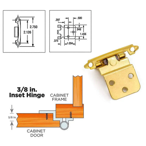 Self Closing Three Eighths Inch Brass Cabinet Hinges For Kitchen Cabinets And Bathroom Cabinets Inset Face Mount Heavy Duty Durable Hardware With Screws Easy To Install Modern Look SCH38BB 24 Hinges Included For Drawer Doors, showing hinge dimensions and mounting diagram.