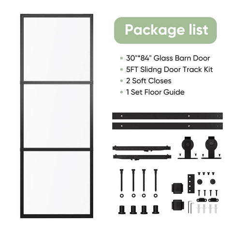 Frosted Glass Barn Door 30In By 84In With Top Mounted Hardware Kit Soft Close Black Carbon Steel Frame Tempered Glass