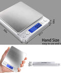 Compact 500g Digital Gram Scale With 0.01g Precision For Jewelry And Kitchen Use, Sweet For Herbs, Powder, Gold And Coins, 6 Units Of Measurement Including Grams Ounces Grains Troy Ounces Pennyweights And Carats Backlit Display, shown in hand for scale.
