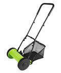 No Fuss Manual Push Reel Lawn Mower With 12 Inch Cutting Width 5 Sharp Blades 6 Gallon Grass Catcher Adjustable Cutting Height From 0.47 To 1.77 Inches Durable Steel Blade And Rust Resistant Frame For Small To Medium Yards, front view