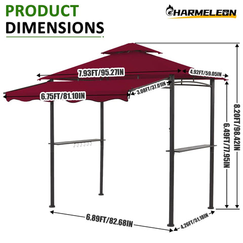 8x8 Ft Grill Gazebo With Extra Large Adjustable Awning 2 Side Shelves 6 Hooks Powder Coated Steel BBQ Shelter dimensions