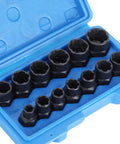 Heavy Duty Extractor Socket Tool Kit For Stubborn Bolt And Nut Removal Featuring Reverse Spiral Flutes and Ridiculous Grip Strength in blue case.