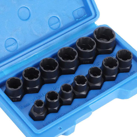 Heavy Duty Extractor Socket Tool Kit For Stubborn Bolt And Nut Removal Featuring Reverse Spiral Flutes and Ridiculous Grip Strength in blue case.