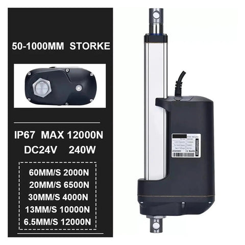 Heavy Duty DC 12V Linear Actuator With 1100mm Stroke And 12000N Rock Solid Thrust shown with specifications including IP67 and DC24V.