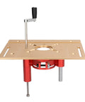 Heavy Duty Router Lifter System Kit With Crank Handle For Small Router Tables Bringing Dead On Accuracy And Smooth Adjustment Plate mounted on table.