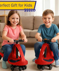 Two kids riding red Toddler Wiggle Car Ride On Toy Zero Battery Hassle Develops Core Motor Skills totally kid approved indoors.