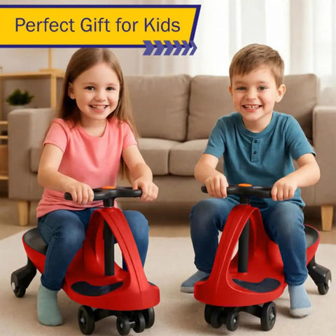 Two kids riding red Toddler Wiggle Car Ride On Toy Zero Battery Hassle Develops Core Motor Skills totally kid approved indoors.