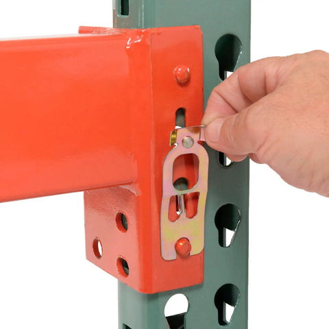 Close-up of Tough As Nails Teardrop Pallet Rack Starter Unit showing tool-free installation with safety clip.