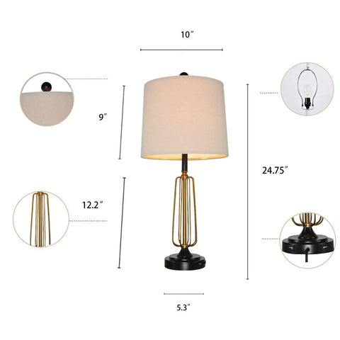 Diagram of Retro Metal Bedside Lamps Set Of 2 With Touch Control And 3 Way Dimming, USB Charging Ports, Beige Linen Shade