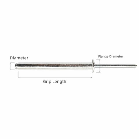 Side view of 40 Piece Long Blind Rivets Aluminum With Steel Mandrel For Heavy Duty Sheet Metal Pop Rivets showing grip length and flange diameter.