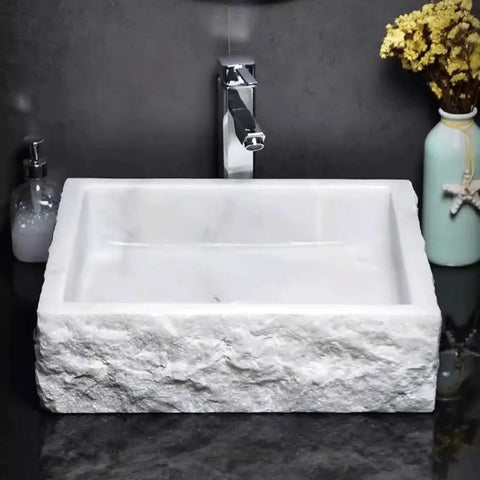 Premium Above Counter Vessel Sink For Modern Bathroom Vanity Slick Ceramic Washbasin Heavy Duty Build Easy Install in white stone design.