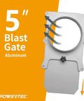 Badass 5 Inch Aluminum Blast Gate with smooth slide valve for dust collection systems, showcasing airflow direction.