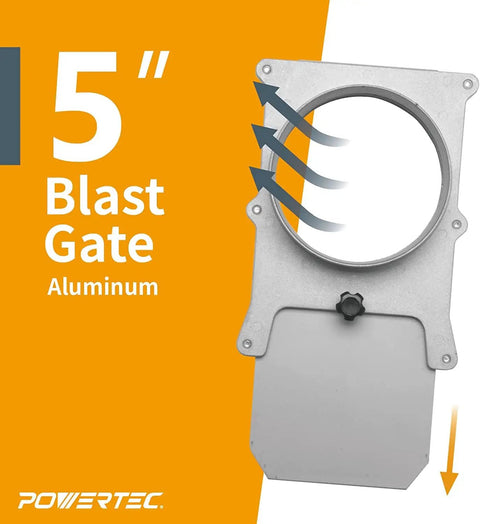 Badass 5 Inch Aluminum Blast Gate with smooth slide valve for dust collection systems, showcasing airflow direction.