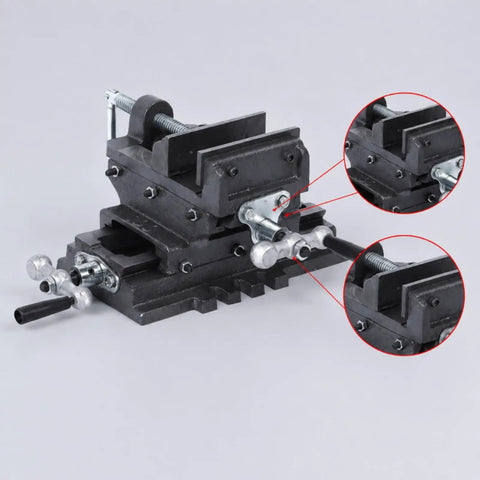 5 Inch Cross Slide Bench Vise With Smooth Moving Handles Cast Iron Construction showing serrated jaws and dual handles for precision use.