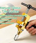 All In One Glass And Tile Cutter Kit With T Handle And Breaker Pliers for easy scoring and snapping, shown in use on tile surface.