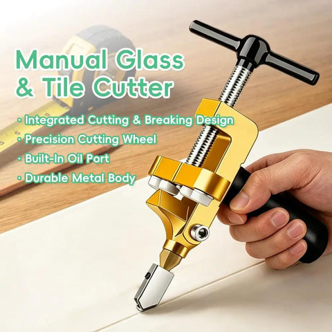 All In One Glass And Tile Cutter Kit With T Handle And Breaker Pliers for easy scoring and snapping, shown in use on tile surface.