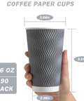 16 Oz Insulated Ripple Wall Disposable Coffee Cups No Lids 90 Pack Gray Corrugated To Go Cups held in hand showing dimensions