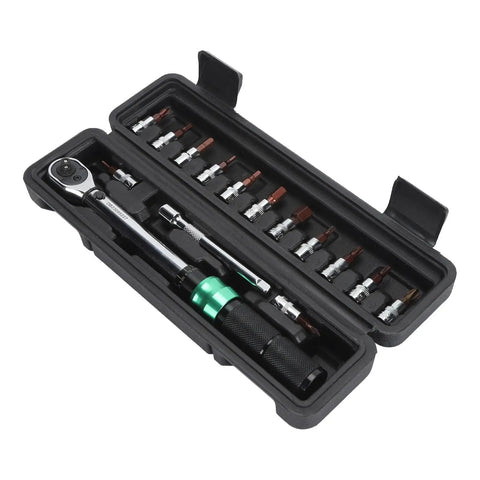 Heavy Duty 5-25Nm Adjustable Click Torque Wrench Set With Stainless Steel Socket Kit For Auto Repair And Engine Work Pro Grade Spanner Gear Snap Tight Grip in a sturdy case.