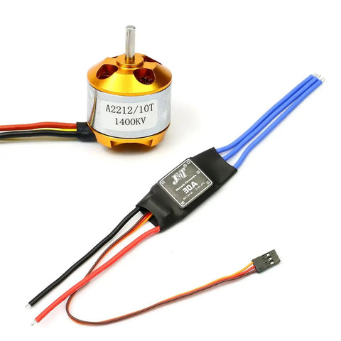 A2212 1400Kv Brushless Outrunner RC Motor With 30A ESC for Drones Quadcopters and UFOs, shown with wires and connectors