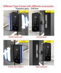 Different types of Straight Up Tuya WiFi Smart Fingerprint Lock For Wooden And Glass Doors with accessories for left/right usage.