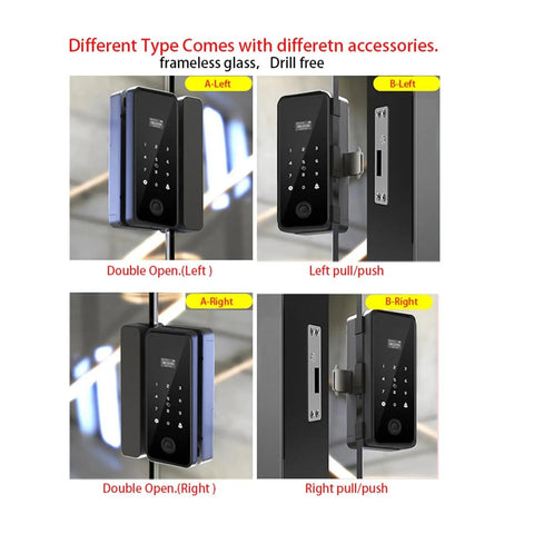 Different types of Straight Up Tuya WiFi Smart Fingerprint Lock For Wooden And Glass Doors with accessories for left/right usage.