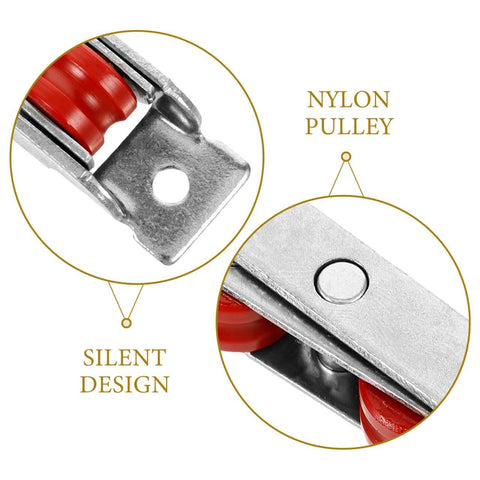 Close-up of stainless steel sliding door wheel replacement kit with dual nylon wheels, ball bearings in 2-pack for smooth operation.