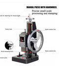 Heavy Duty Cast Iron Manual Arbor Press Workhorse for Precision Punching Riveting Stamping with Adjustable Handwheel.