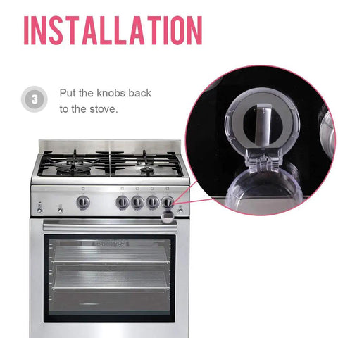 Installation demonstration of Clear 6 Pack Stove Gas Knob Covers For Kids Safety on a stainless steel stove.