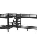 Twin L Shaped Metal Bunk Bed With Storage Shelves And Safety Guardrail Space Saving Black Finish, side view with shelves