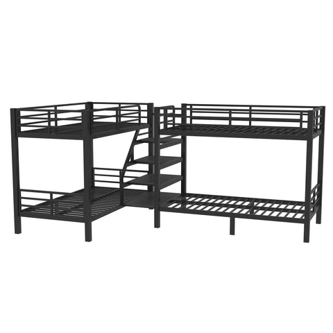 Twin L Shaped Metal Bunk Bed With Storage Shelves And Safety Guardrail Space Saving Black Finish, side view with shelves