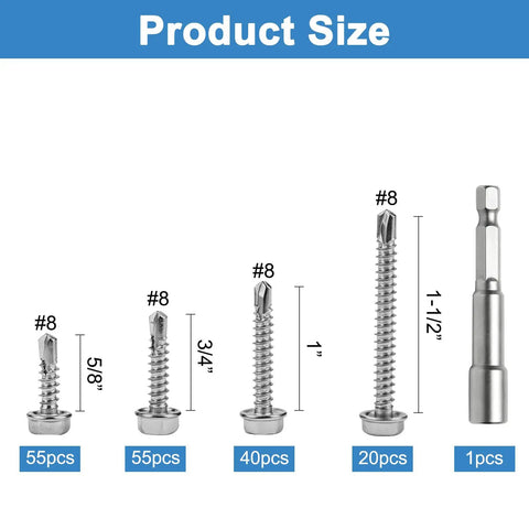 Hardcore 170 Piece Hex Head Self Tapping Screw Assortment Kit With Rustproof Stainless Steel Fasteners, sizes from 5/8" to 1-1/2".