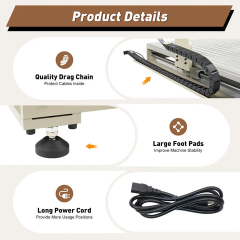 Product details of Pro Grade USB 4 Axis CNC Router Kit 6090 showing drag chain, foot pads, and power cord.