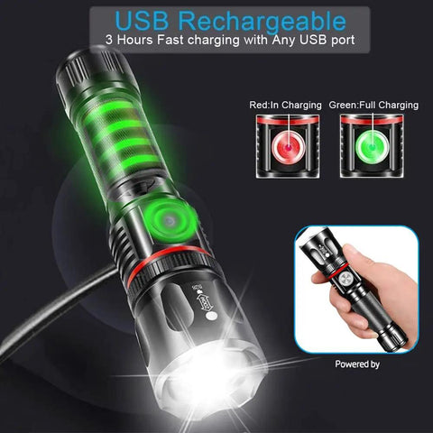 Magnetic LED Flashlight 360 COB Beast 5000 Lumen Waterproof Zoomable 4 Modes with USB Charging and Power Indicator