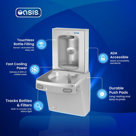 Wall Mount Drinking Fountain With Bottle Filling Station, Cold Stainless Steel Water Cooler, ADA Compliant, 8 GPH Chill