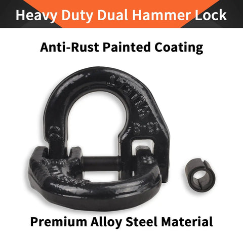 Black Half Inch Grade 80 Alloy Steel Hammerlock Coupling Link close-up, anti-rust coating, premium alloy steel material.