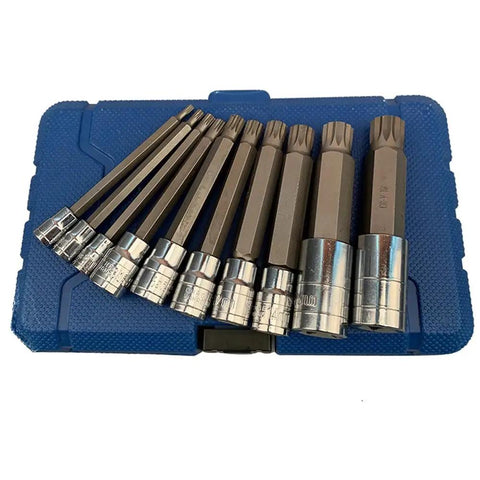 Heavy Duty 10 Piece Universal Socket Set With 1/4 3/8 And 1/2 Inch Drives featuring a compact blue case and multiple socket sizes.