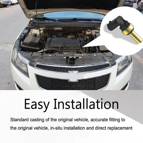 Zufoty engine coolant temperature sensor; brass threaded body, front engine-bay view with close-up inset