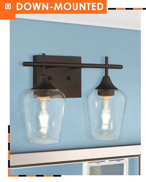 Oil Rubbed Bronze Two Light Bathroom Vanity Fixture Over Mirror With Clear Glass Shades, Farmhouse Style Wall Sconce Lighting