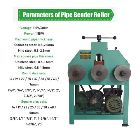 Yokoma 1500W Electric Pipe Bender Machine With 9 Round Dies And 8 Square Die Sets Bends Steel Tubing Roller specifications chart.