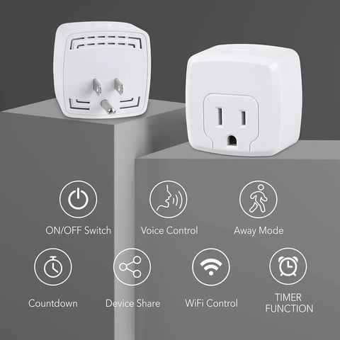 Smart Plug Mini 15A WiFi Outlet Works With Alexa And Google Assistant, Remote Control With Timer And Scheduling, No Hub Needed, ETL Certified, 2.4G WiFi Only, 4 Pack with icons highlighting features like voice and timer control.